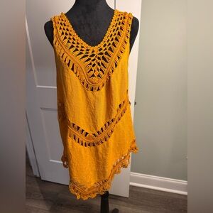 Vivid Importers Yellow Crochet Fringe Boho Tunic swim cover up